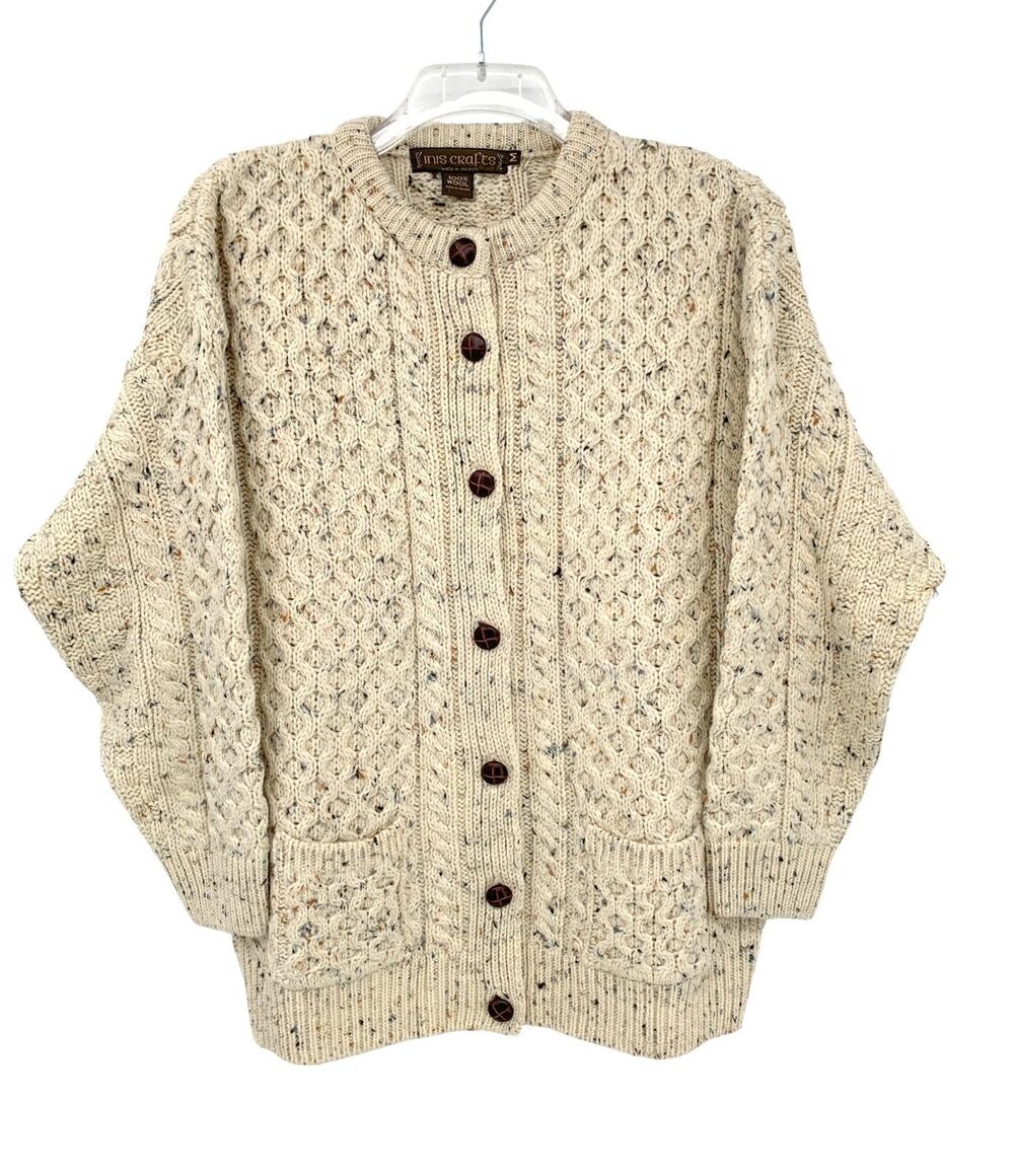 Vintage Inis Crafts Fisherman Cardigan Sweater 100% Wool Womens M